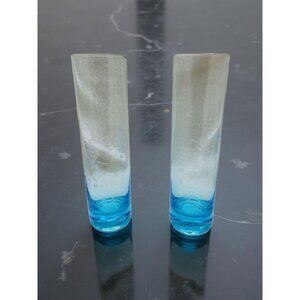 vintage set of 2 krosno mist of blue etched fruit design glass vases